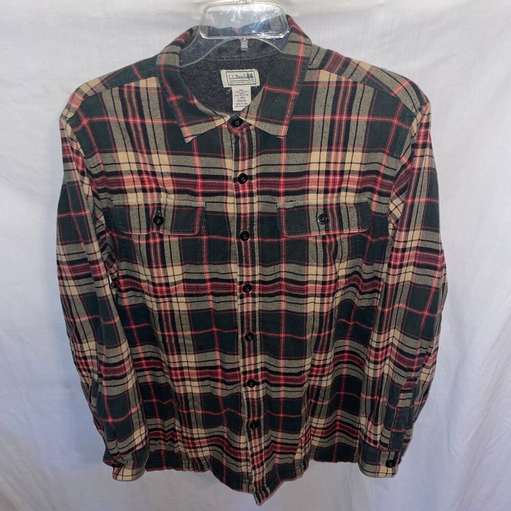 L.L. Bean Men’s Thick Flannel Shirt Size Large Gray Red Plaid Work Outdoors Warm